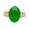 Bague en jade jadéite de 4,76 carats avec diamants jaunes trapézoïdaux sur les côtés, en or blanc 18 carats