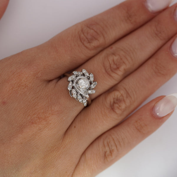 0.45 Carat Old European Cut Diamond Halo 14K White Gold Floral Engagement Ring