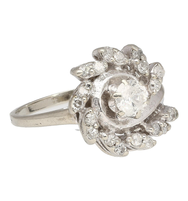 0.45 Carat Old European Cut Diamond Halo 14K White Gold Floral Engagement Ring