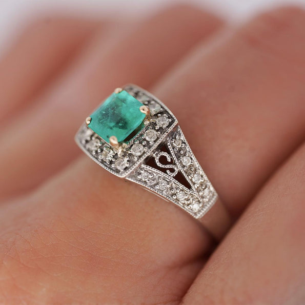 0.77 Carat Square Emerald and Diamond Filigree Halo 14K White Gold Ring