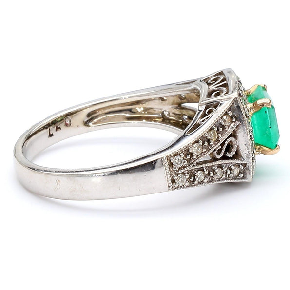 0.77 Carat Square Emerald and Diamond Filigree Halo 14K White Gold Ring