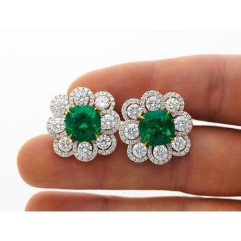 Boucles d’oreilles en diamant avec émeraude colombienne de 10 carats, certifiées GRS, taille Coussin, léger huilage – Assay Jewelers