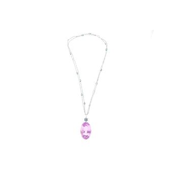100 Carat Oval Cut Pink Kunzite with Aquamarine & Diamond Pendant in 18K White Gold – Assay Jewelers