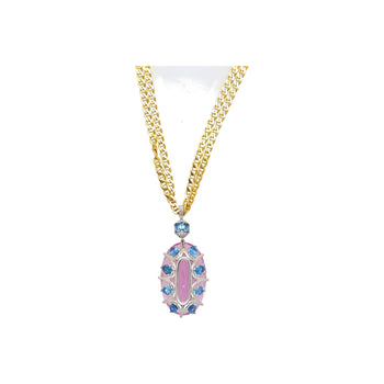 100 Carat Oval Cut Pink Kunzite with Aquamarine & Diamond Pendant in 18K White Gold – Assay Jewelers