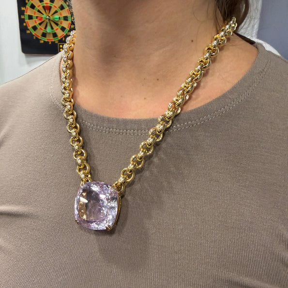 106.63 Carat Pink Amethyst Cushion 18K Gold Solitaire Chain Necklace