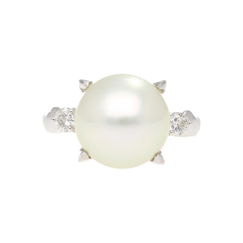 12.5mm South Sea Pearl and Diamond Platinum Three Stone Ring