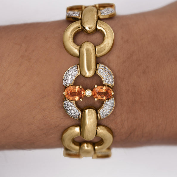 12.75 Carat Oval Spessartine Garnet & Diamond 18K Gold Wide Oval Link Bracelet