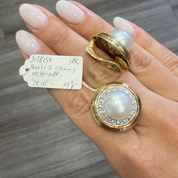 12mm South Sea Pearl 2.88 Carat Diamond Halo 18K Two Tone Gold Clip On Earring