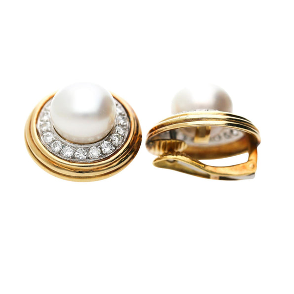 12mm South Sea Pearl 2.88 Carat Diamond Halo 18K Two Tone Gold Clip On Earring