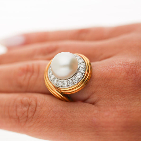 12mm South Sea Pearl 4.26 Carat Diamond 18K Two-Tone Gold Ring and Earring Set
