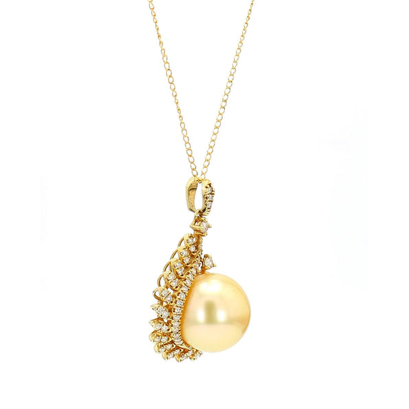 13mm Golden South Sea Pearl & Diamond 18K Gold Pendant Necklace