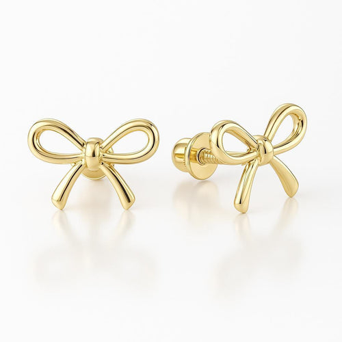 14K Gold Ribbon Stud Earrings 10mm Screw Back Closure