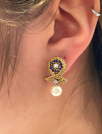 14K Gold Textured Ribbon Motif Natural Pearl, Diamond and Sapphire Stud Earrings – Assay Jewelers