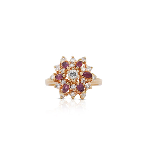 14K Yellow Gold Marquise Cut Ruby & Round Cut Diamond Cluster Ring