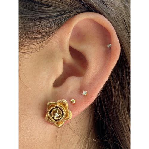 14k Solid Gold Flower and Diamond Stud Earrings