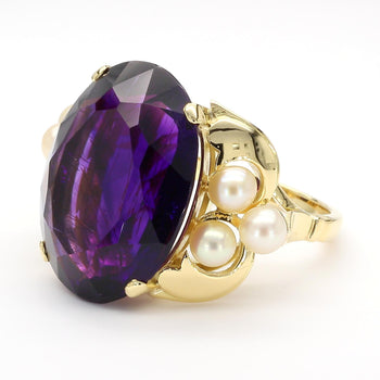 15 Carat Oval Amethyst and Pearl 18K Gold Retro Statement Ring – Assay Jewelers