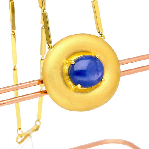 15.15 Carat Blue Star Sapphire 18K & 22K Bar Link Chain Retro Pendant Necklace