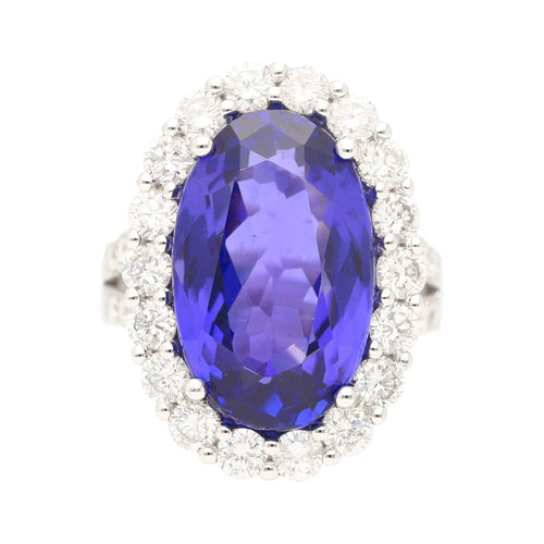 15.46 Carat Oval Cut Fine Tanzanite and Diamond Halo Ring in 18k White Gold With Split Shank Setting