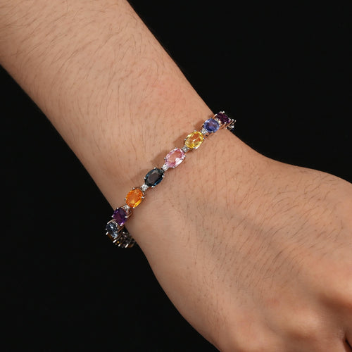 15.63 Carat Multi Color Sapphire & Diamond Bracelet in 18K White Gold Station