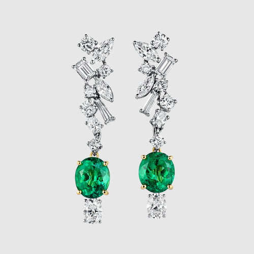 18K Gold Natural Colombian Emerald and Diamond Detachable Drop Earrings