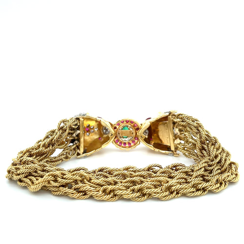 18K Gold & Platinum Double Headed Biting Lion Multi Rope Chain Bracelet With Emeralds, Diamonds, & Rubies