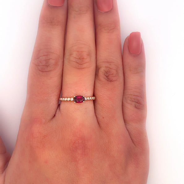 18K Rose Gold Oval Cut Natural Ruby and Diamond Ribbed Bezel Set Ripple Ring
