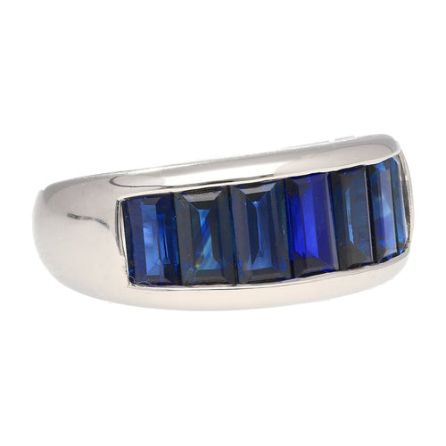 18K Solid White Gold Channel Set Baguette Cut Blue Sapphire Band Ring