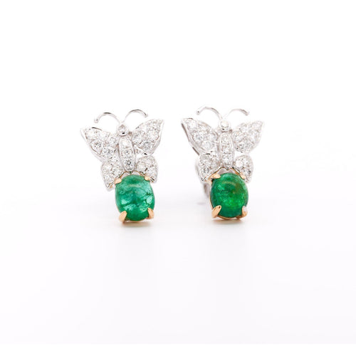 18K White Gold 2 Carat Cabochon Emerald and Diamond Butterfly Drops Earrings