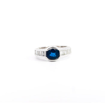 18K White Gold Bezel and Channel Set Oval Cut Blue Sapphire & Baguette Diamond Ring – Assay Jewelers