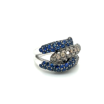 Bague cluster à 4 rangs pavés en or blanc 18K avec saphir bleu rond naturel et diamants bruns – Assay Jewelers