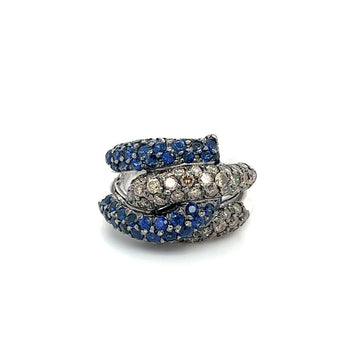 Bague à 4 rangs pavés en or blanc 18K avec saphir bleu naturel rond et diamants bruns`` – Assay Jewelers