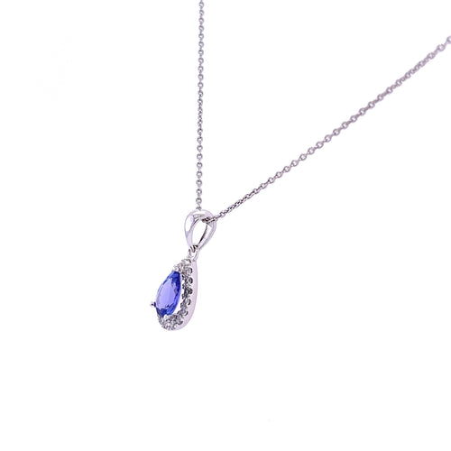 18K White Gold Tanzanite Drop Pendant With Diamond Halo