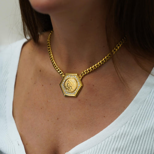1909 US Indian Head $5 Gold Coin Pendant Necklace, 14K Gold with Diamonds