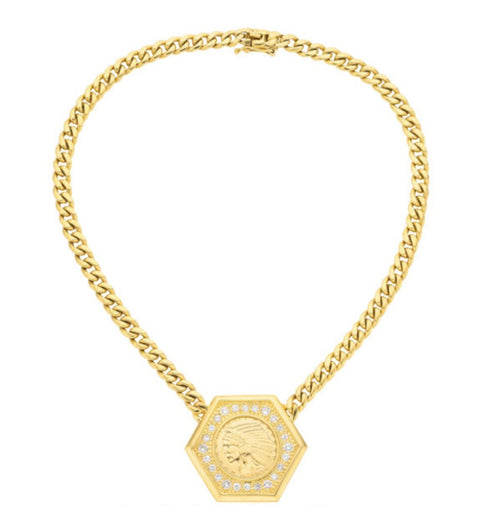1909 US Indian Head $5 Gold Coin Pendant Necklace, 14K Gold with Diamonds