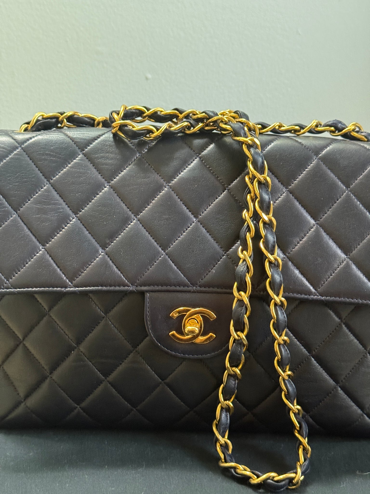 1990s Super Rare Chanel Vintage Jumbo Single Flap Lambskin Navy Blue Crossover