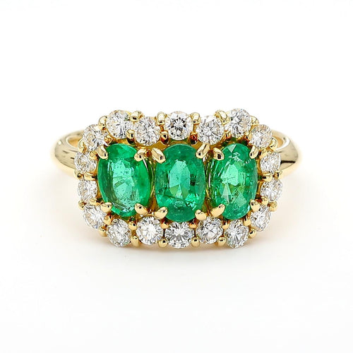 1.22 Carat Emerald & Diamond 18K Gold Halo Three Stone Band Ring