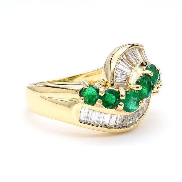 1.22 Carat Round Emerald & Baguette Cut Diamond Wave 18K Gold Band Ring