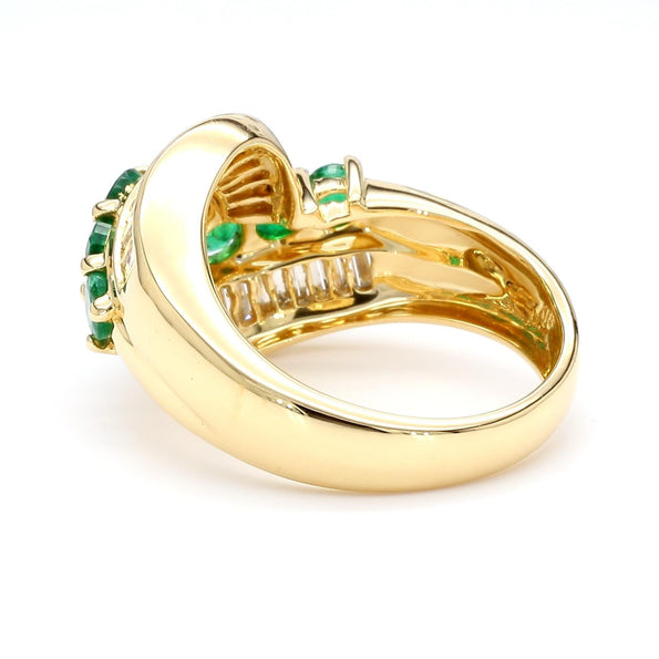 1.22 Carat Round Emerald & Baguette Cut Diamond Wave 18K Gold Band Ring