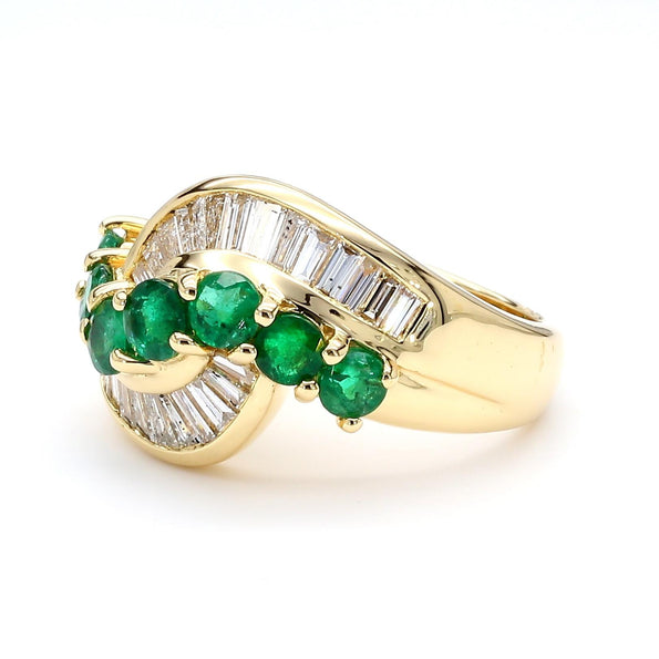 1.22 Carat Round Emerald & Baguette Cut Diamond Wave 18K Gold Band Ring
