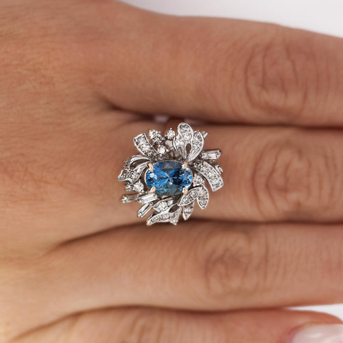 1.26 Carat Aquamarine & Diamond in 18K Yellow Gold Floral Statement Ring