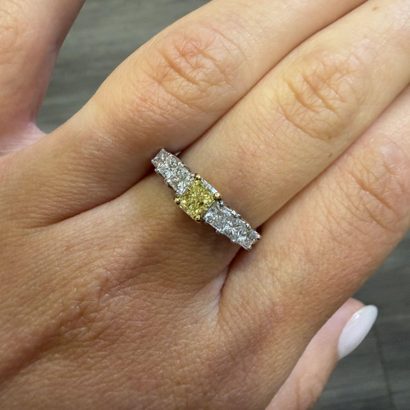 1.41 Carat Fancy Yellow Radiant & White Princess Diamond Illusion Band Ring