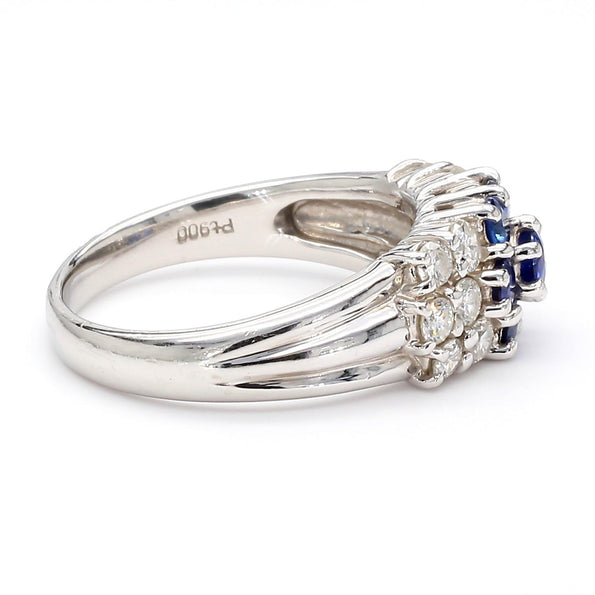 1.46 Carat Blue Sapphire & Diamond Platinum 3 Row Floral Cluster Band Ring