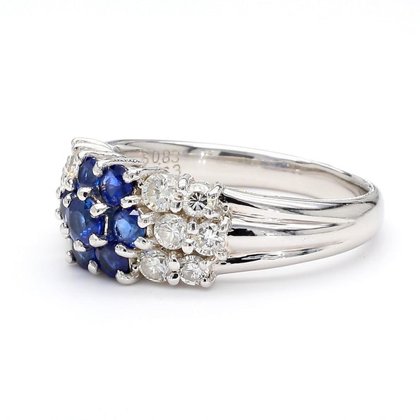 1.46 Carat Blue Sapphire & Diamond Platinum 3 Row Floral Cluster Band Ring