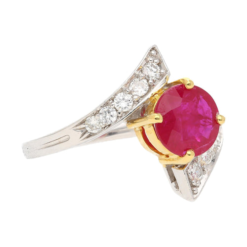 1.8 Carat Round Ruby Diamond Platinum and 18K Gold Bypass Ring