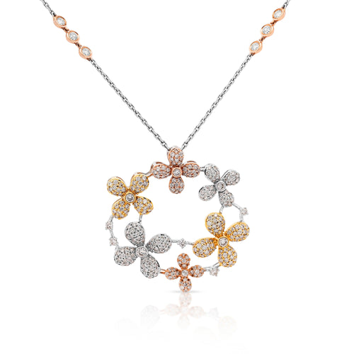 1.81 Carat Round Diamond in 14K Tri-Color Gold Flower Wreath Pendant Necklace