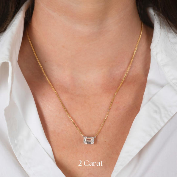 2-4 Carat Emerald Cut Lab Diamond East West Solitaire Pendant Necklace