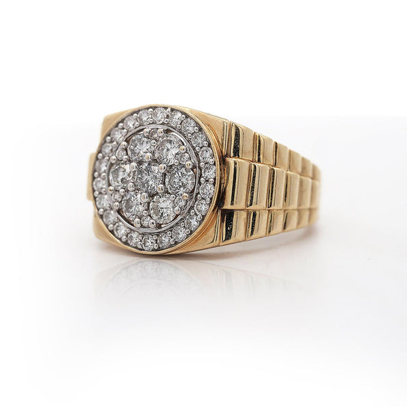 2 Carat Diamond Cluster 14K Gold Ribbed Shank Mens Signet Ring