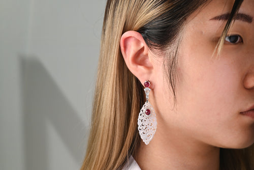 27.48 Carat Carved Grade A Lavender Jade Drop Earrings with Rubies & Diamonds