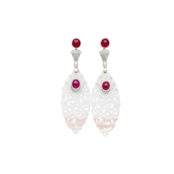 27.48 Carat Carved Grade A Lavender Jade Drop Earrings with Rubies & Diamonds