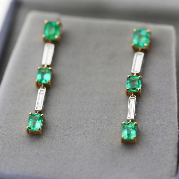 2.31 Carat Emerald & Baguette Diamond 18K Gold Drop Earrings